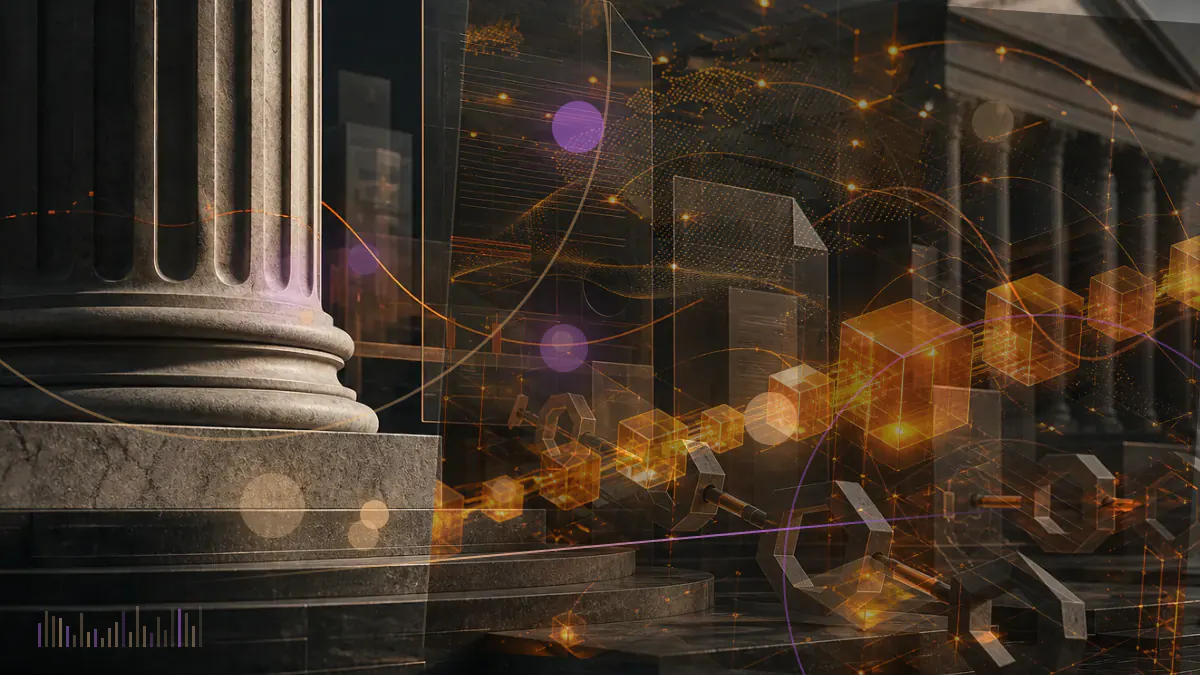 Conceptual illustration of a bitcoin trust document and five legal briefs arranged before a federal courthouse