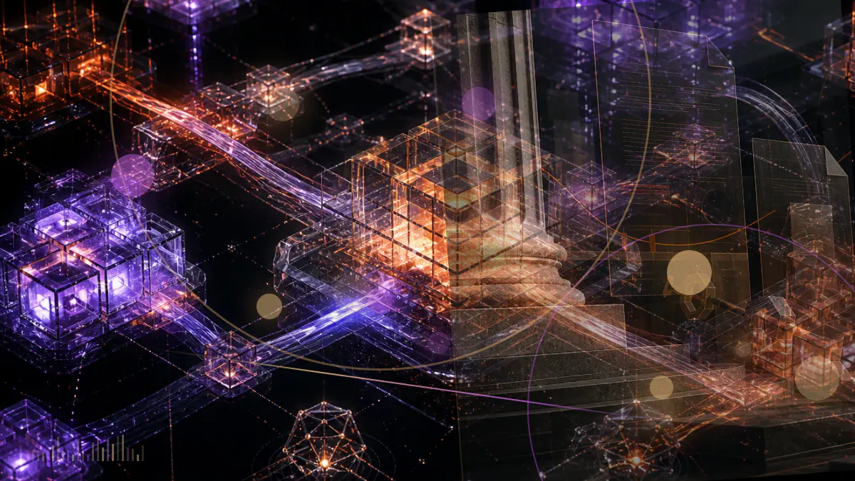 Conceptual illustration of a crypto index fund connecting proof-of-stake validator nodes to divided sponsor and shareholder income ledgers