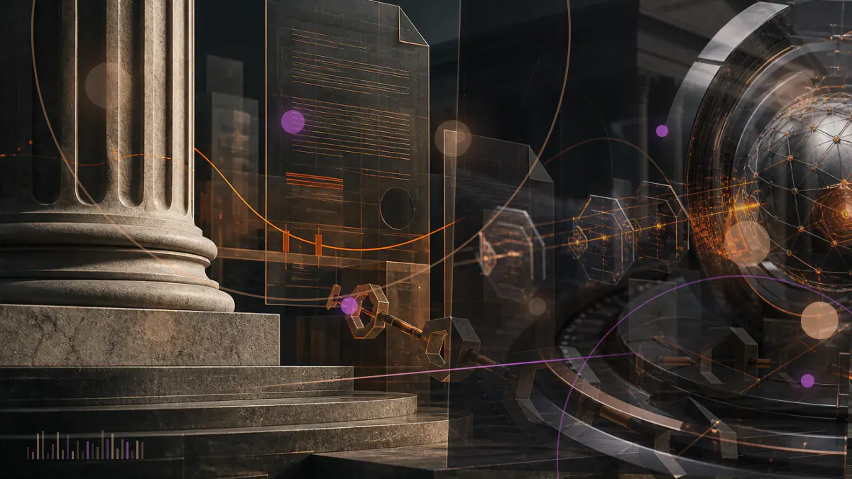 Conceptual illustration of darkened Bitcoin mining machines connected to an interrupted cloud-computing contract ledger