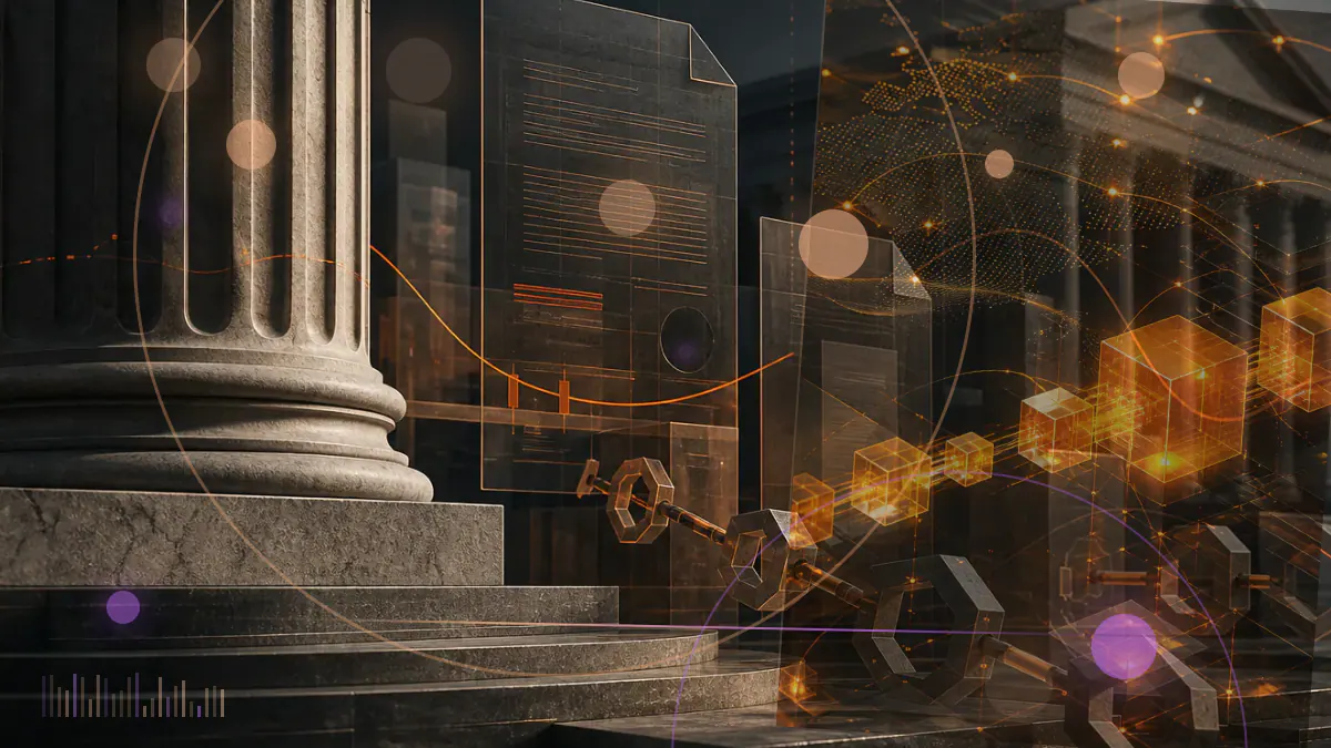 Conceptual illustration of digital assets leaving a fractured cross-chain bridge beside a suspended cryptocurrency exchange gateway