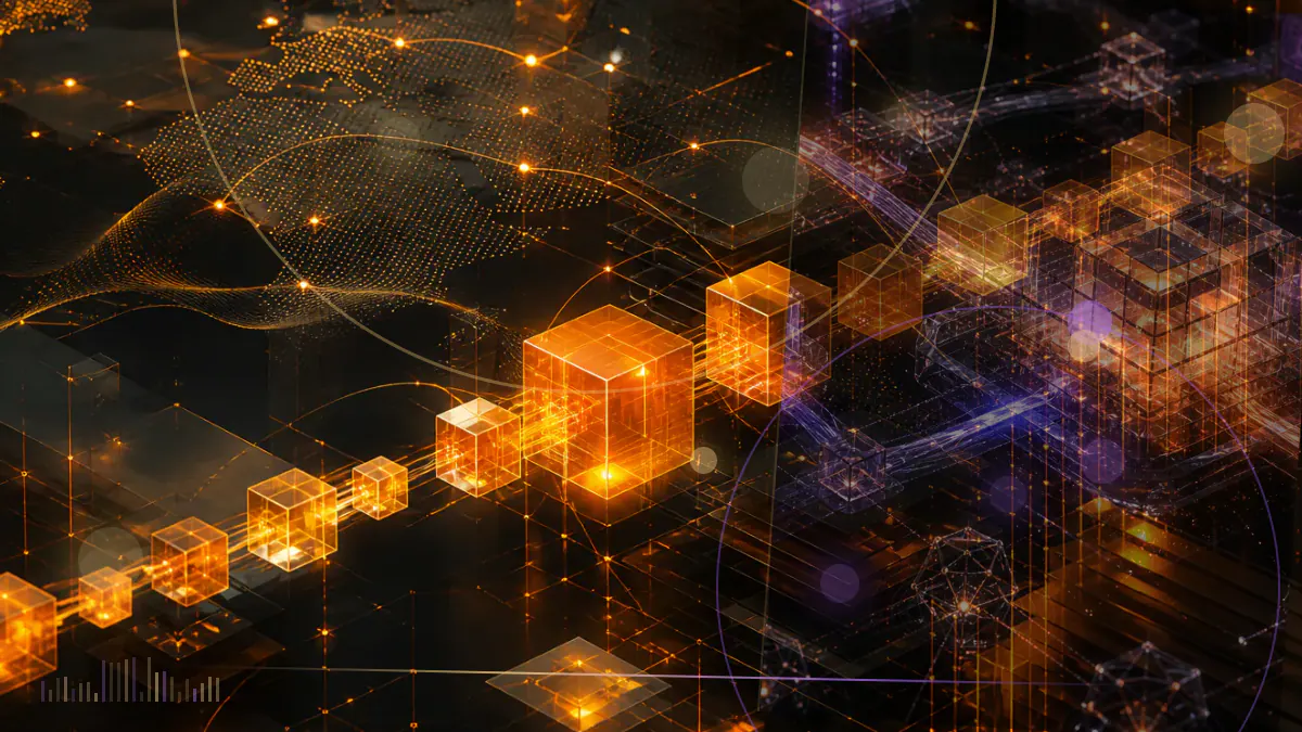 Conceptual illustration of a Hedera distributed ledger opening to developers while mirror nodes observe a restricted consensus network