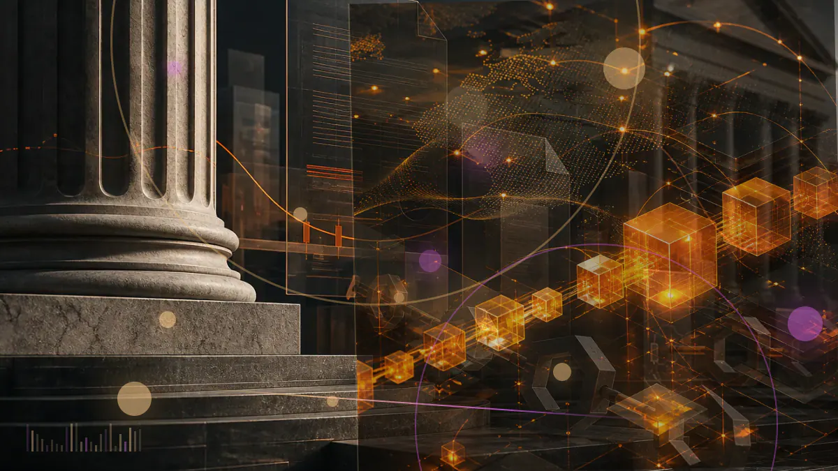 Conceptual editorial illustration of a U.S. securities regulator and digital-asset network at a leadership transition