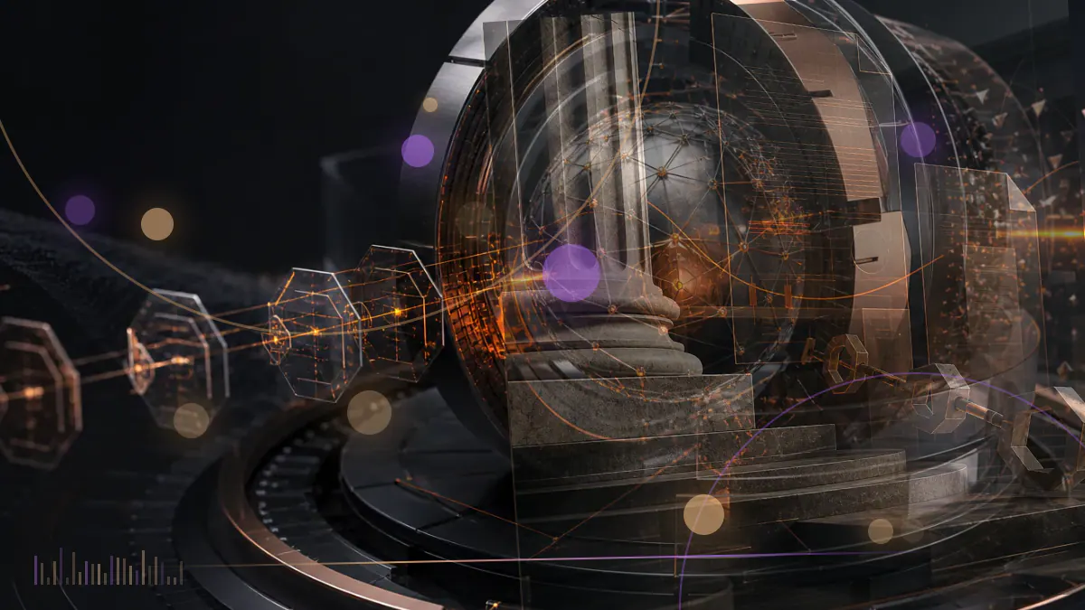 Conceptual illustration of eleven digital-asset exchange gateways passing through a Hong Kong regulatory checkpoint
