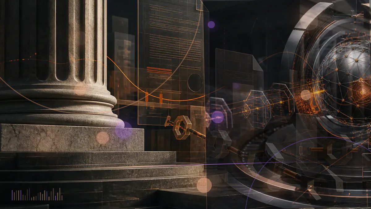 Conceptual illustration of a Hong Kong regulatory gateway screening digital tokens before retail exchange access