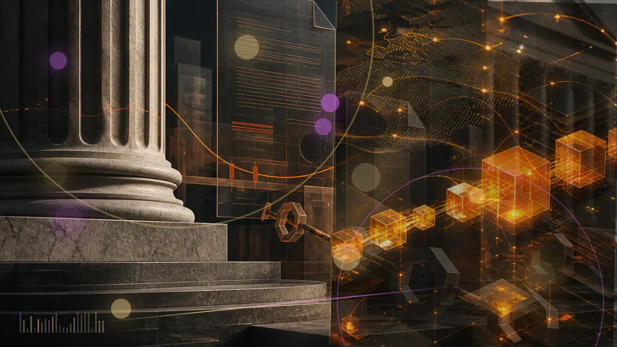 Conceptual illustration of Hong Kong’s skyline connected to a regulated virtual-asset exchange network and licensing document