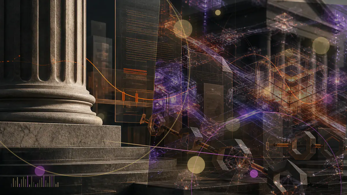 Conceptual illustration of a segmented NFT token crossing from a digital-art frame into a regulated financial ledger