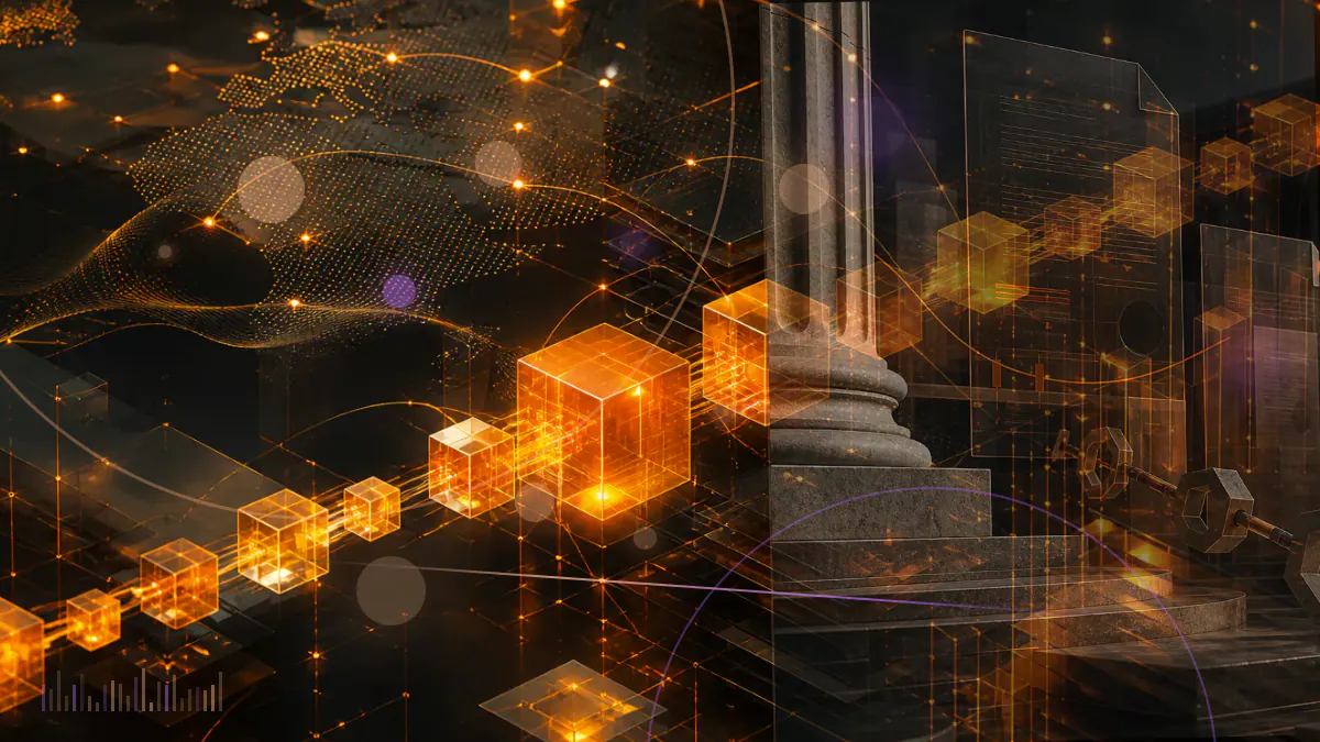 Conceptual illustration of a congressional ledger connected to a distributed digital-asset network