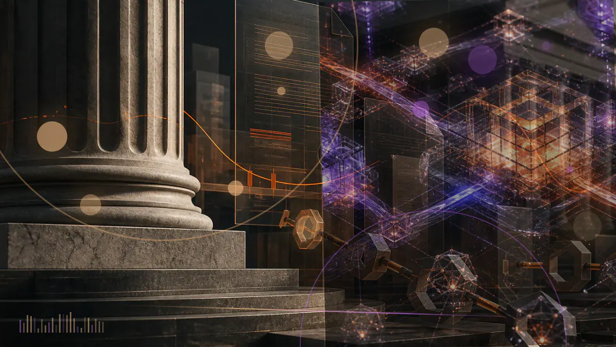 Conceptual illustration of a congressional chamber overlaid with digital-asset market networks and regulatory boundaries