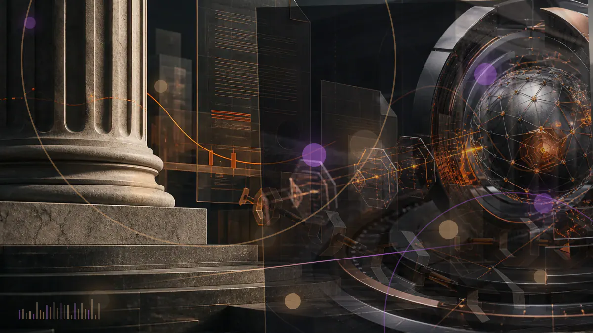 Conceptual illustration of two congressional hearing chambers connected to cryptocurrency tokens, market ledgers and competing regulatory pathways