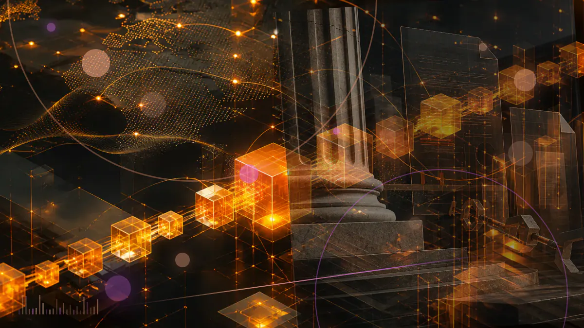 Conceptual illustration of a dollar-linked digital token positioned between federal and state regulatory documents inside the U.S. Capitol