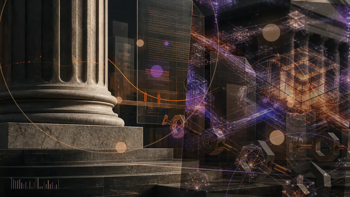 Conceptual illustration of decentralized protocol nodes facing a congressional regulatory ledger