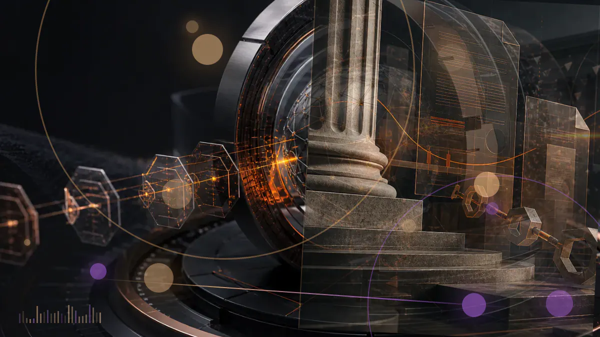 Conceptual illustration of the U.S. Capitol layered over a cryptographic ledger and digital-asset transaction lines