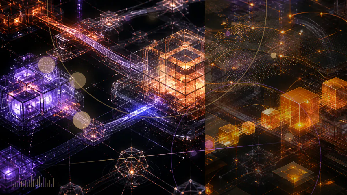 Conceptual illustration of the U.S. Capitol between SEC and CFTC regulatory pathways connected to a digital-asset ledger