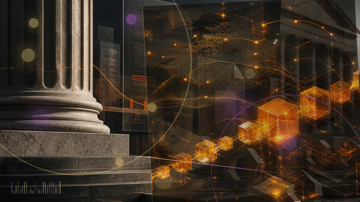Conceptual illustration of the U.S. Capitol, a digital-asset ledger and three legislative documents moving through a procedural gateway