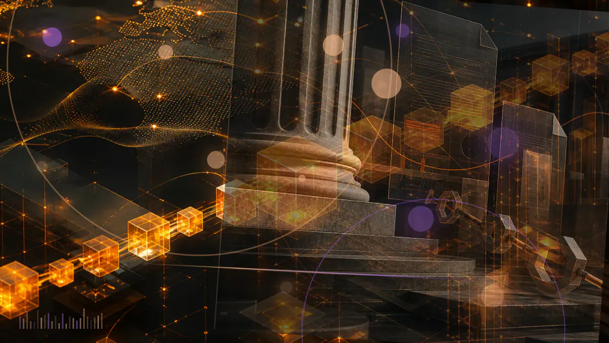 Conceptual illustration of a digital-asset ledger branching toward the SEC and CFTC beneath the U.S. Capitol