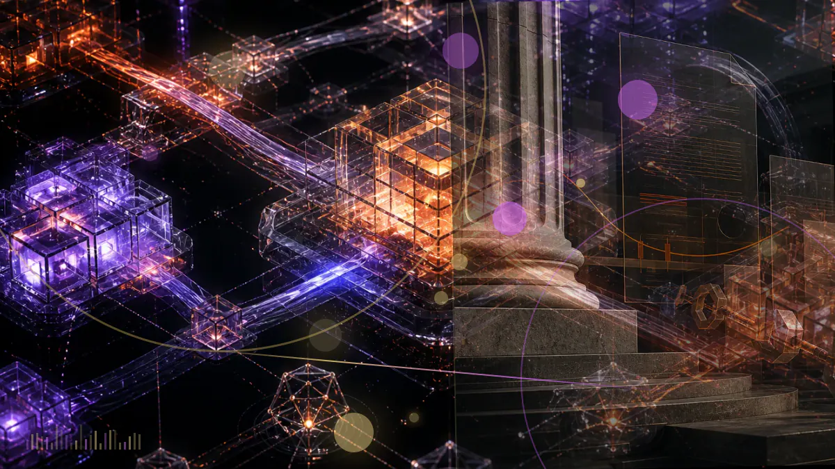 Conceptual illustration of the U.S. Capitol joined by three digital ledgers representing stablecoins, crypto-market structure and CBDC policy