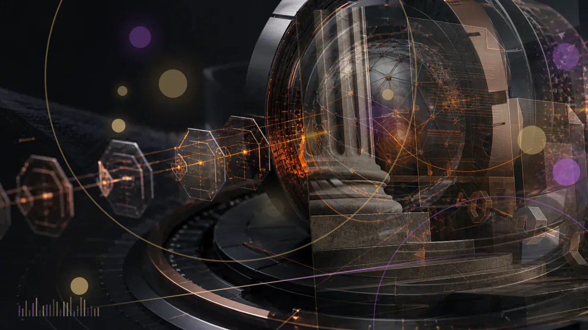 Conceptual illustration of a congressional hearing ledger connecting regulated securities records with a blockchain network