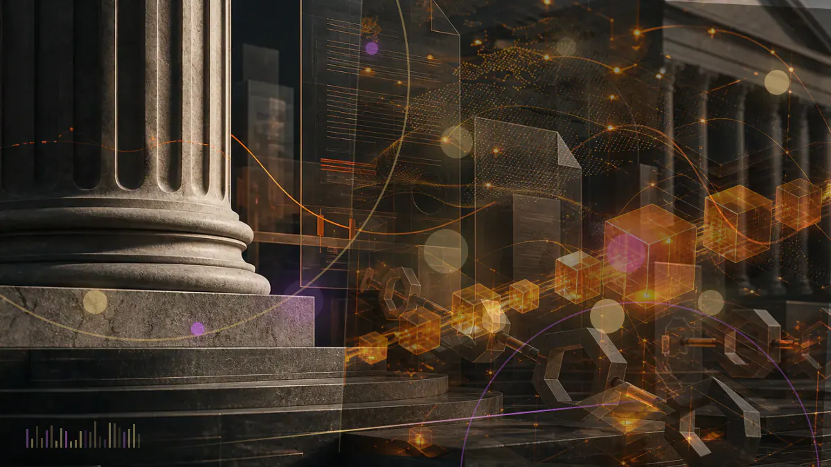 Conceptual illustration of a U.S. House voting ledger connected to a decentralized-finance interface and digital-asset transaction network