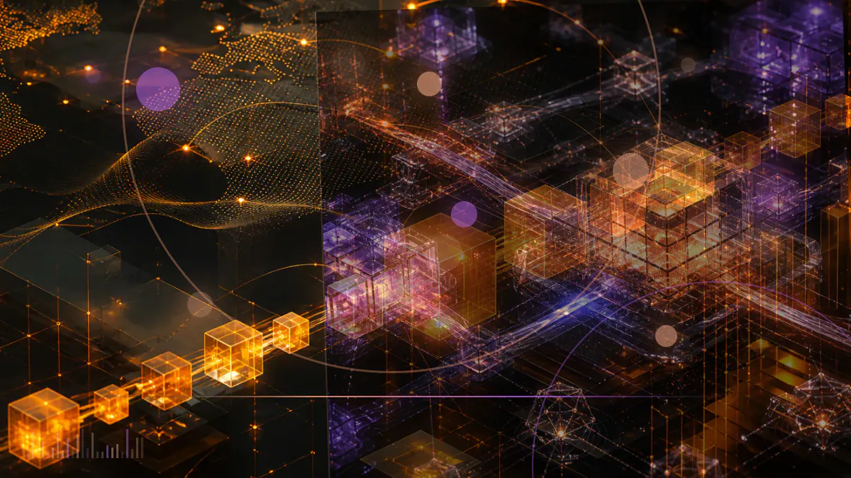 Conceptual illustration of a bitcoin mining facility connected to the Toronto Stock Exchange trading board