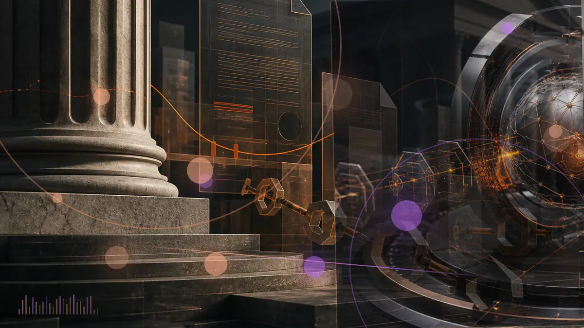 Conceptual illustration of a secured financing facility connecting bitcoin-compute infrastructure with an artificial-intelligence data-center campus