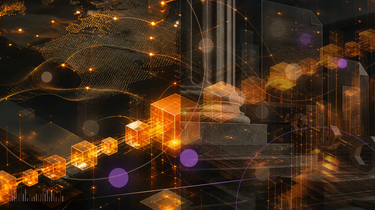 Conceptual illustration of bitcoin moving through an institutional futures exchange, clearing system and digital-asset warehouse toward a July testing milestone