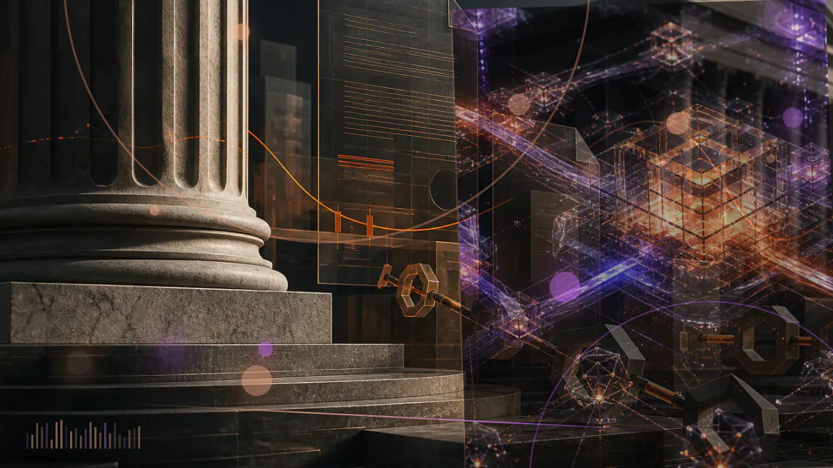 Conceptual illustration of a regulated stock-exchange network connecting through an institutional bridge to a cryptocurrency trading platform