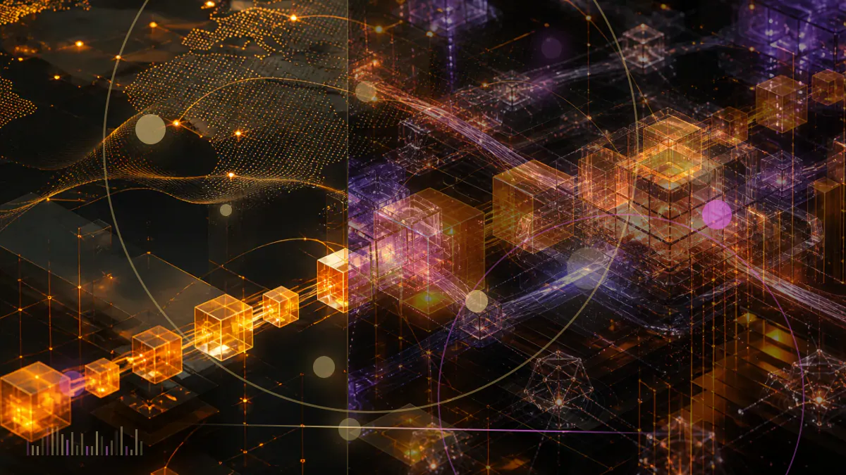 Conceptual illustration of an established stock-exchange network connecting with a blockchain-based prediction market and institutional data feeds