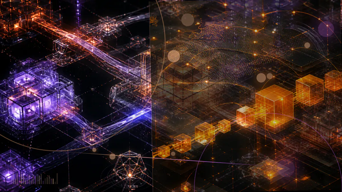 Conceptual illustration of tokenized stock certificates trading across a fragmented round-the-clock digital market