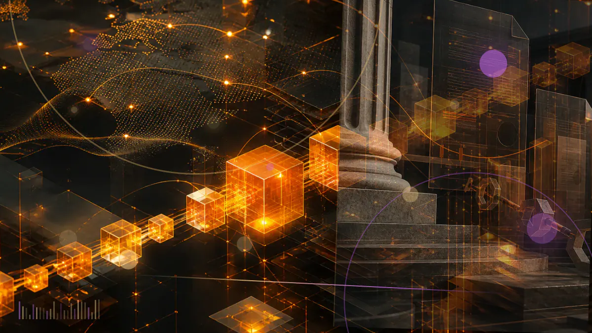 Conceptual illustration of an Indian government document splitting into an open blockchain window and a cryptocurrency prohibition symbol