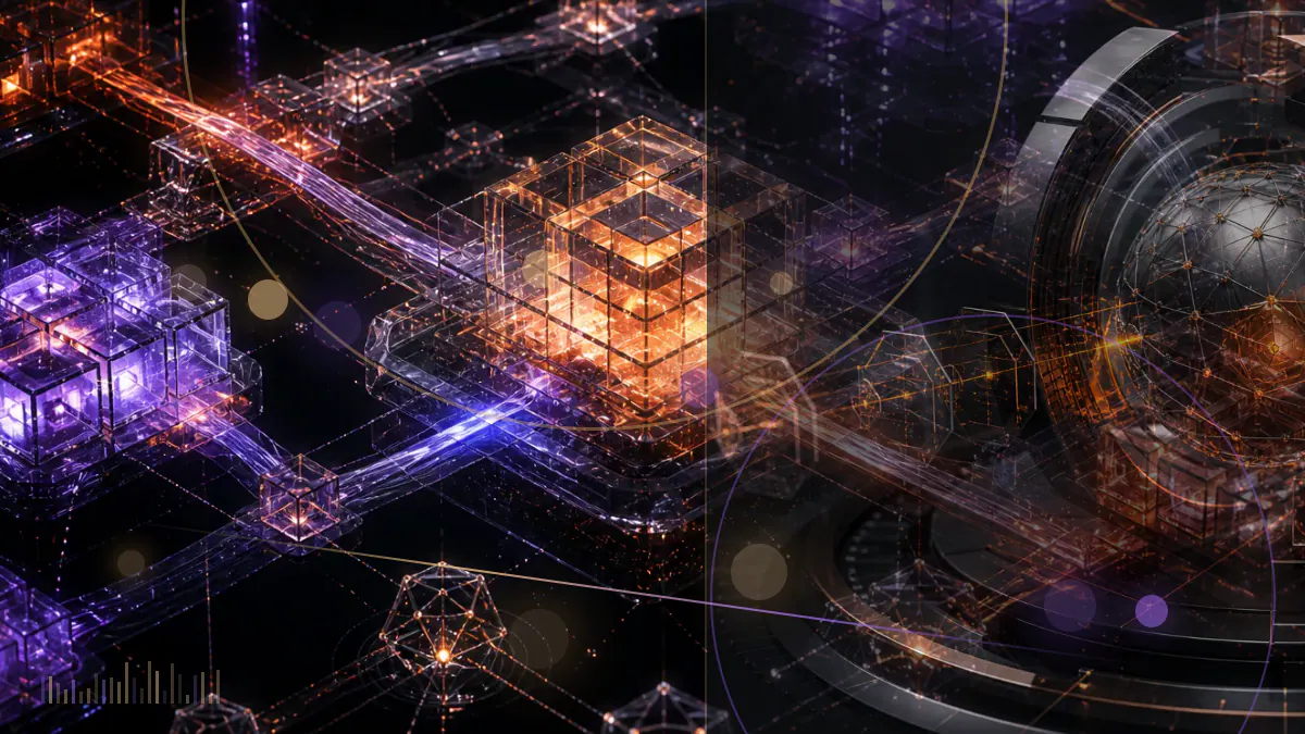 Conceptual illustration of a digital rupee symbol divided between a government tax ledger and a central-bank blockchain network