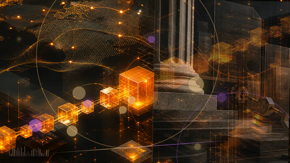 Conceptual illustration of bitcoin-mining computers being disconnected from an industrial power grid beside a regulatory document marked with eight measures