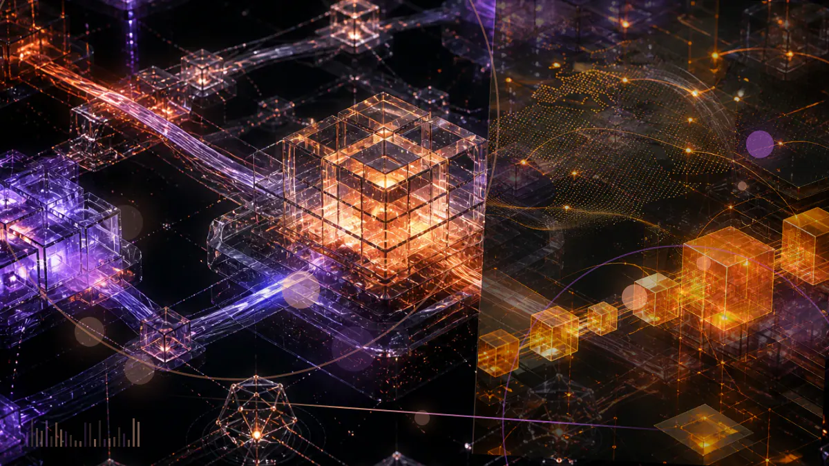 Conceptual illustration of a Cardano ledger branching into multiple interconnected off-chain Hydra state channels