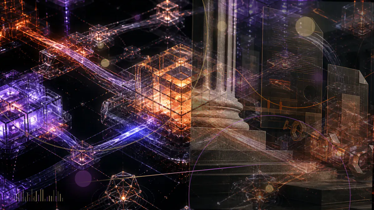 Conceptual illustration of an Italian bank building connected to an institutional Bitcoin trading network