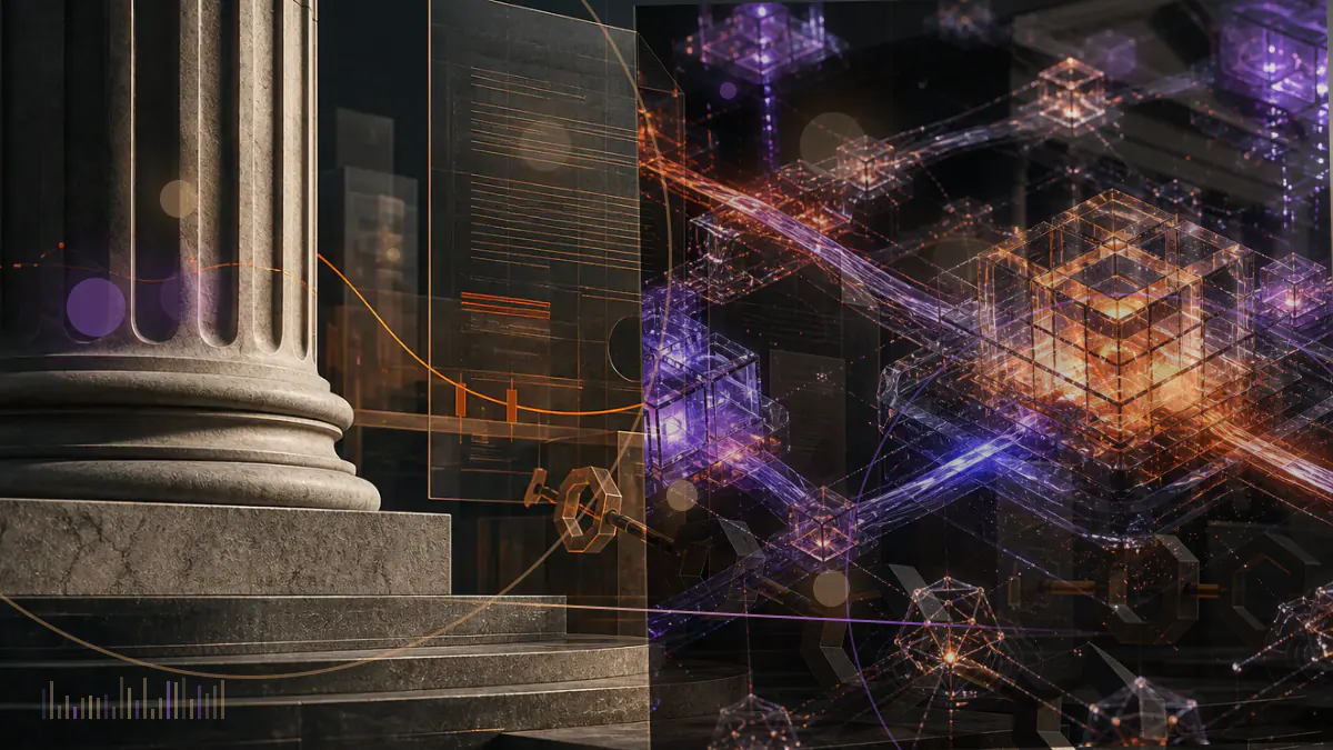 Conceptual illustration of an exchange-traded fund document connecting a traditional market screen with bitcoin and digital-asset custody infrastructure
