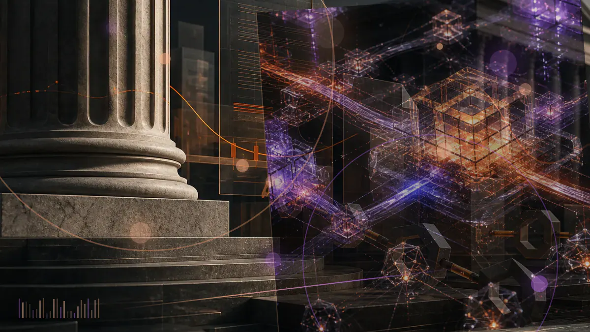 Conceptual illustration of two exchange-traded fund paths connecting traditional market screens with blockchain and bitcoin-linked assets