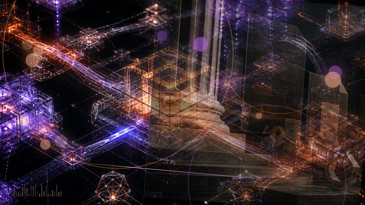 Conceptual illustration of verified and counterfeit GPU nodes separating across a decentralized computing network