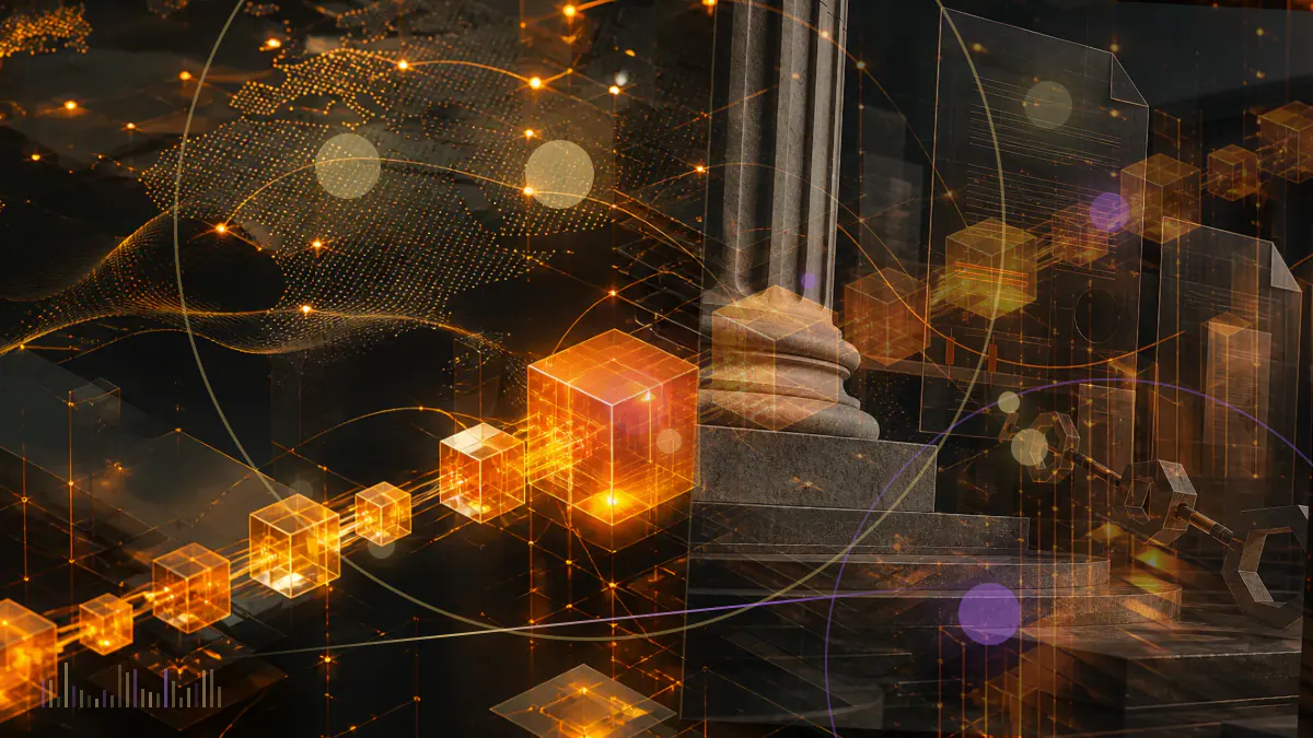 Conceptual illustration of content-addressed data blocks moving through a reorganized IPFS peer-to-peer routing network