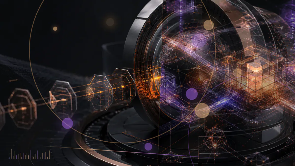 Conceptual illustration of cryptocurrency mining computers connected to an industrial power grid and an Iranian regulatory document
