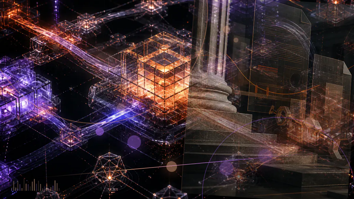 Conceptual illustration of an Iranian state digital-currency draft positioned between a regulated banking ledger and a blockchain network
