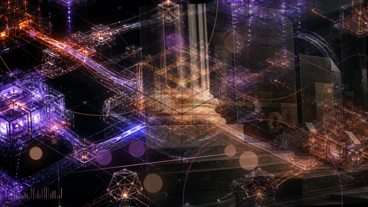 Conceptual illustration of cryptocurrency mining rigs connected to an industrial power grid beneath an outline of Iran.