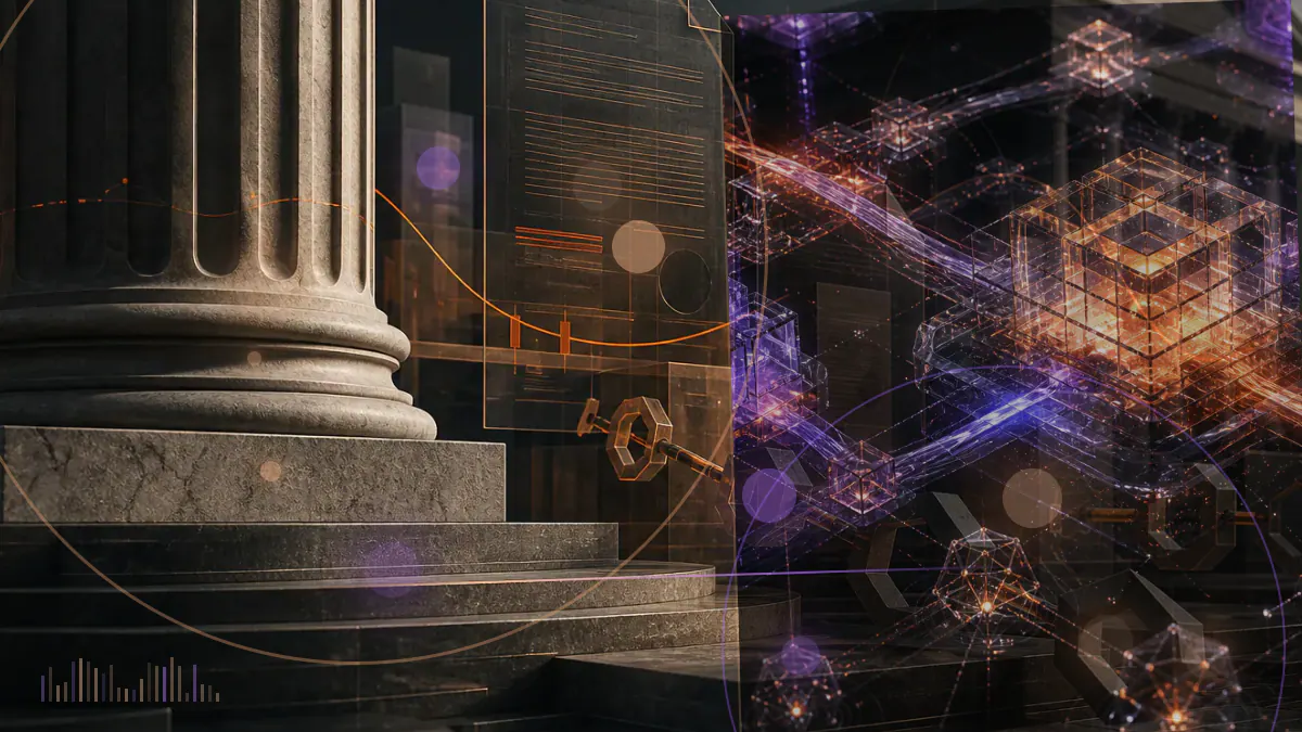 Conceptual illustration of cryptocurrency tokens being exchanged across a U.S. tax ledger marked with Section 1031