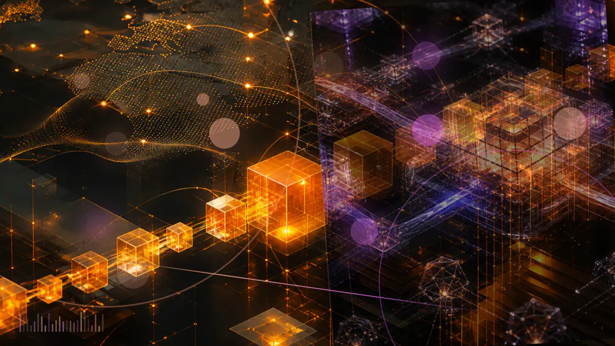 Conceptual illustration of regulated digital securities moving through a distributed-ledger market in Singapore
