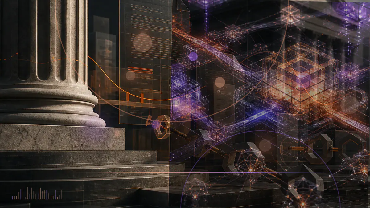 Conceptual illustration of Japanese stocks and government bonds settling across a regulated blockchain ledger connected to central-bank money