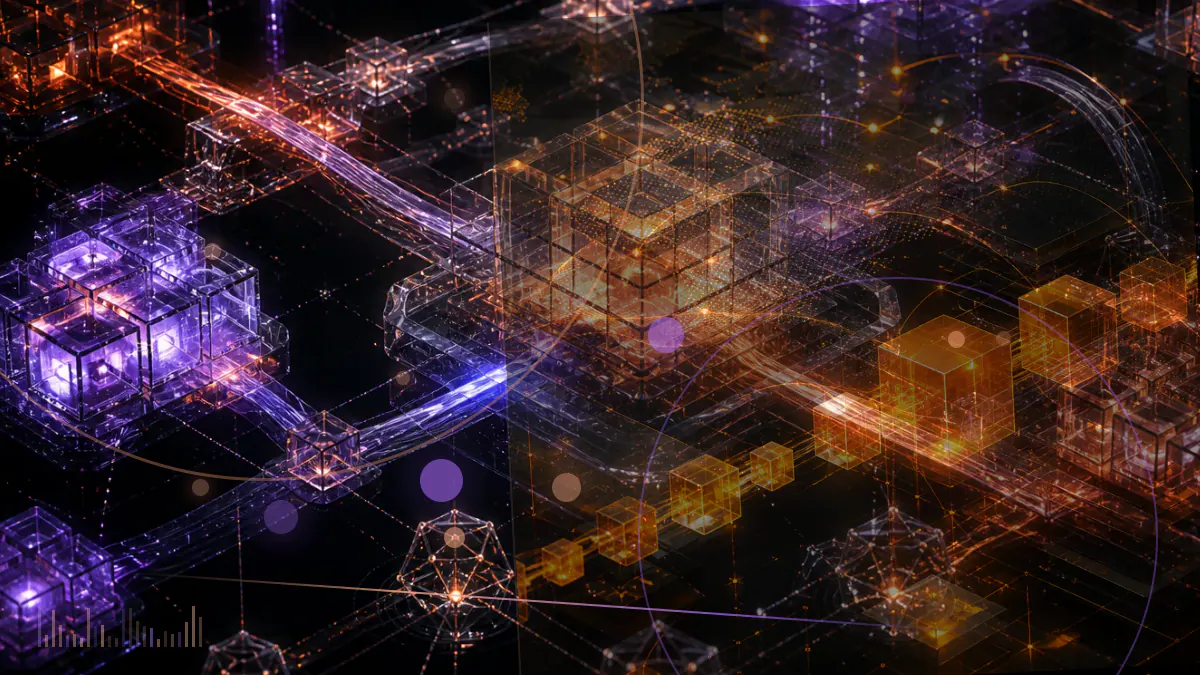 Conceptual illustration of a bank-issued note connecting a basket of public-company shares to cryptocurrency markets