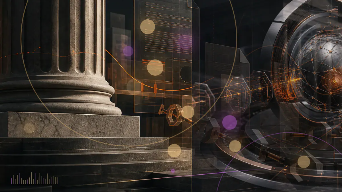 Conceptual illustration of tokenized U.S. Treasury fund shares moving between an institutional ownership register and Ethereum network nodes