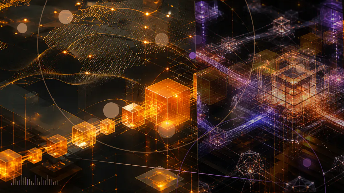 Conceptual illustration of ten braided proof-of-work chains carrying smart contracts between public and permissioned blockchain environments