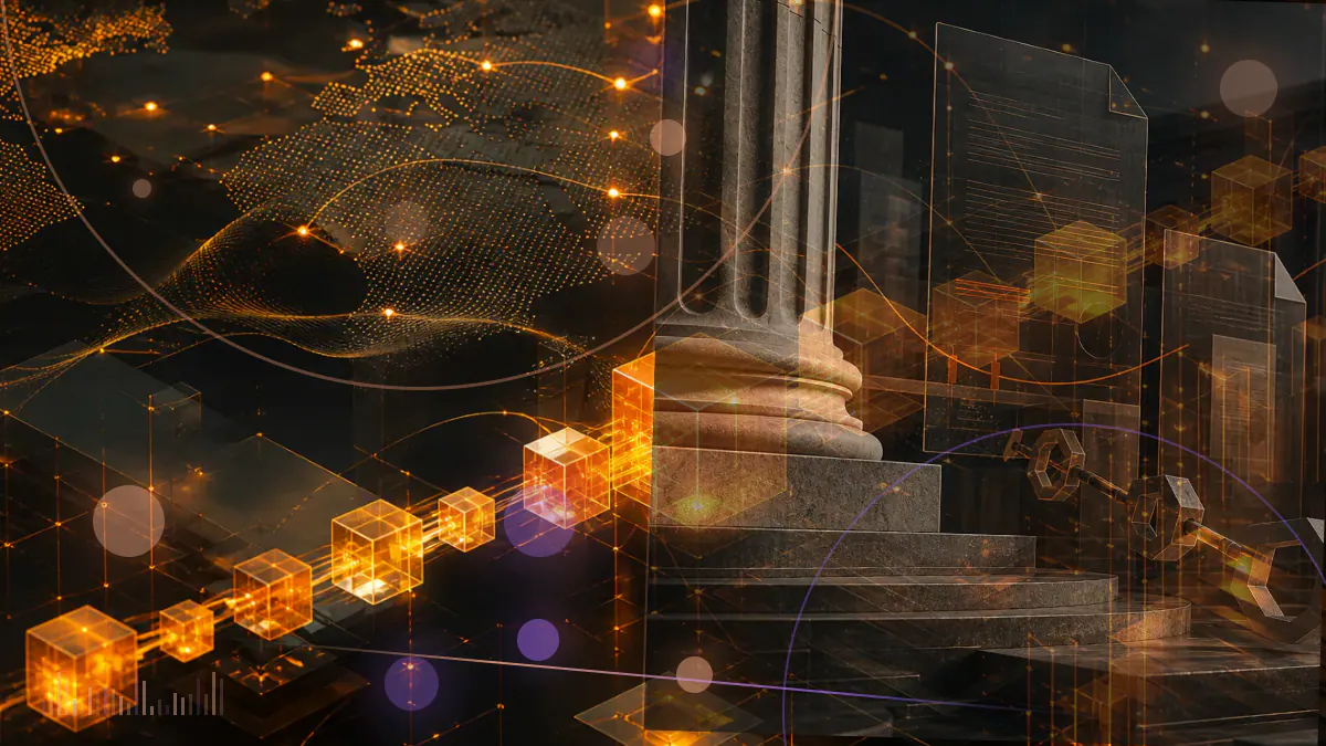 Conceptual illustration of a Kazakhstan tenge symbol connecting a central bank, stablecoin infrastructure and tokenized assets