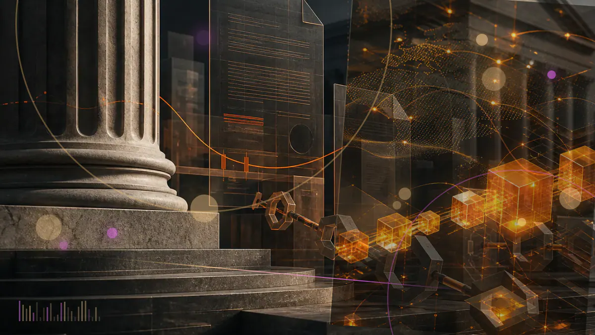 Conceptual illustration of a South Korean bank vault connected to distributed cryptographic keys and a blockchain network