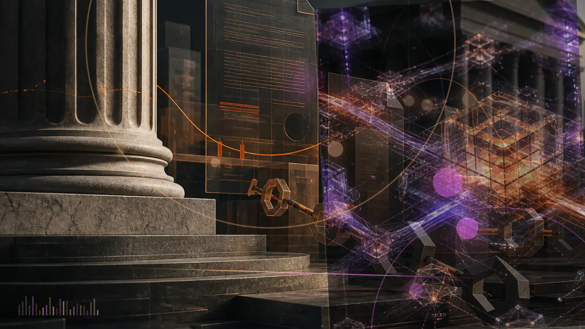 Conceptual illustration of a corporate balance sheet and control documents centered on a vault containing bitcoin