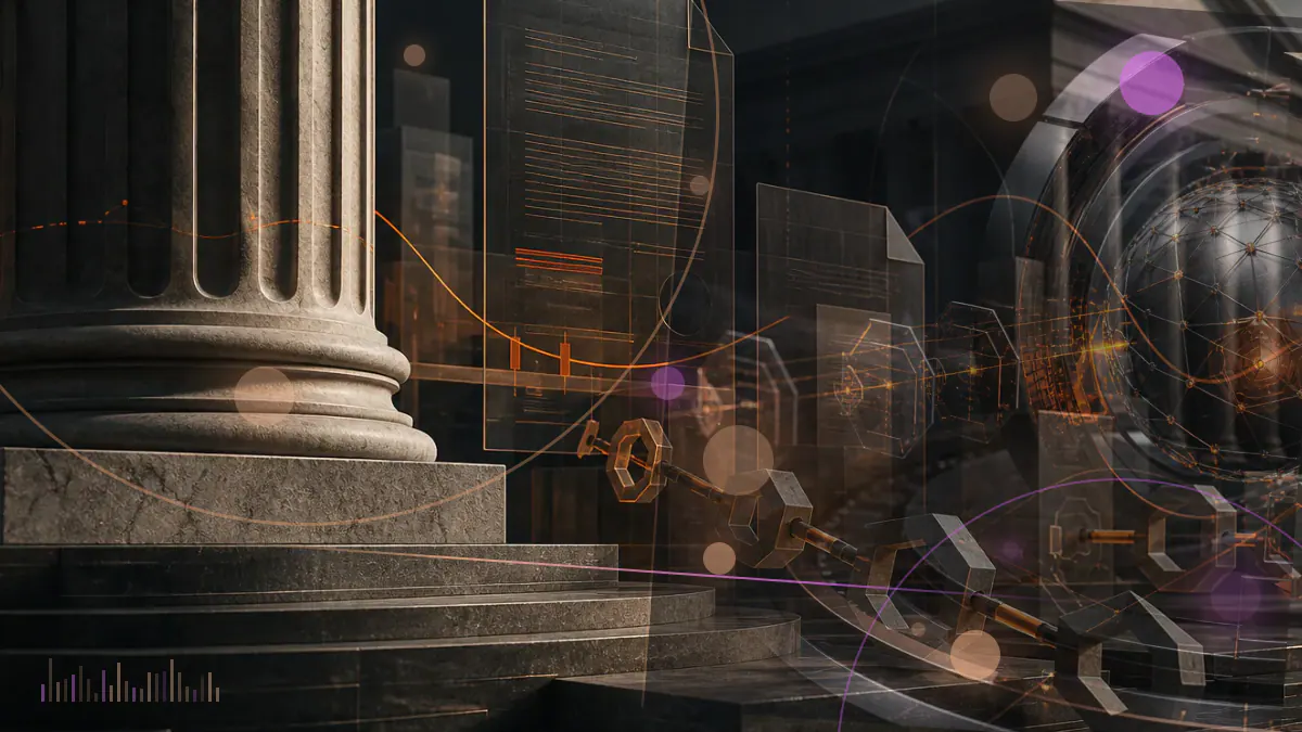Conceptual illustration of a photographic negative connected to blockchain ledger nodes and a digital token with an abstract camera-aperture symbol